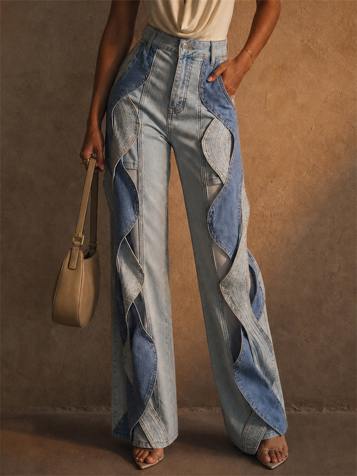 Women High Waist Ruffle Wave Rhinestone Wide Leg Jeans