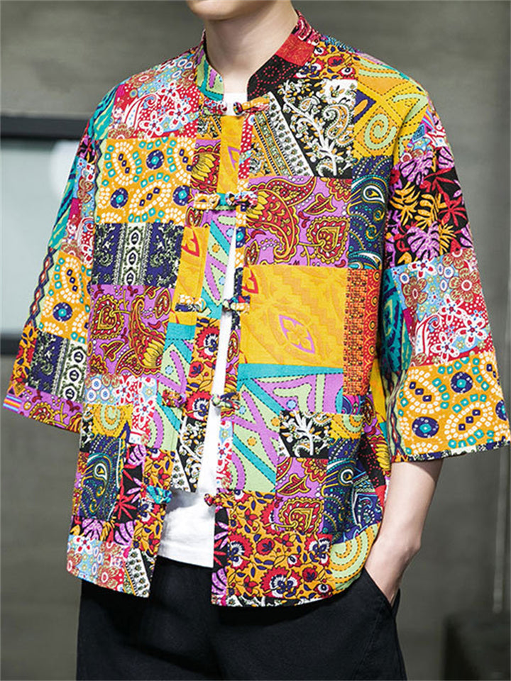 Men's Summer Chinese Style Printed Stand Collar Frog Button TangSuit Shirts