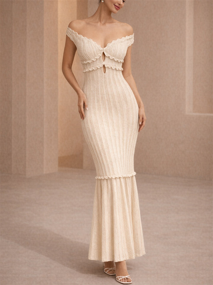 Women's French Style Keyhole Off Shoulder Knit Ruffle Mermaid Maxi Dress