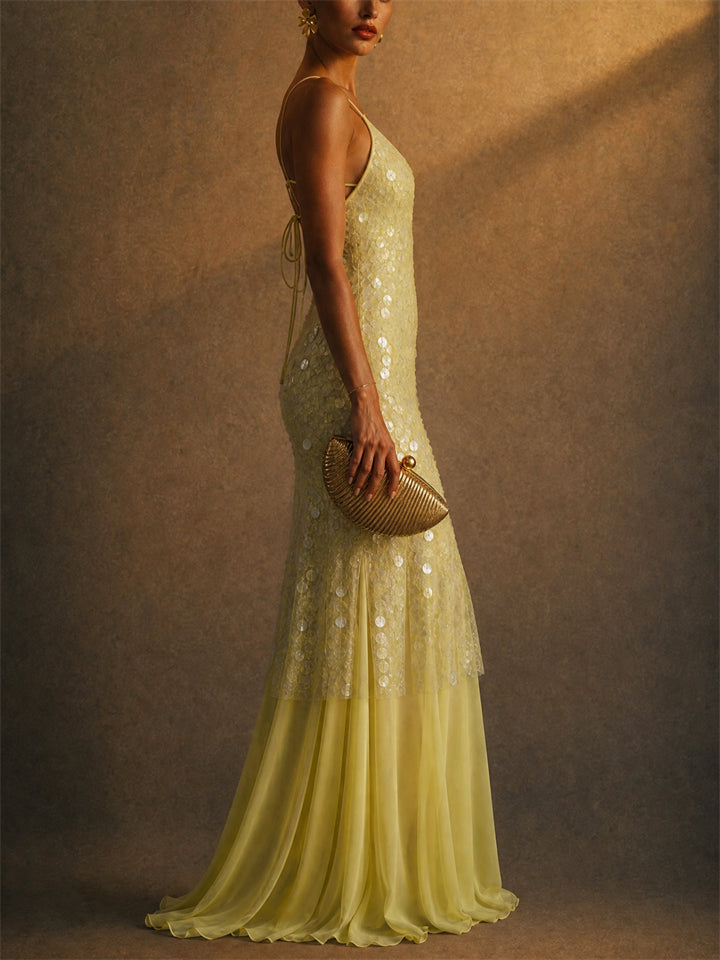 Women Sequin Backless Mermaid Evening Prom Maxi Dress