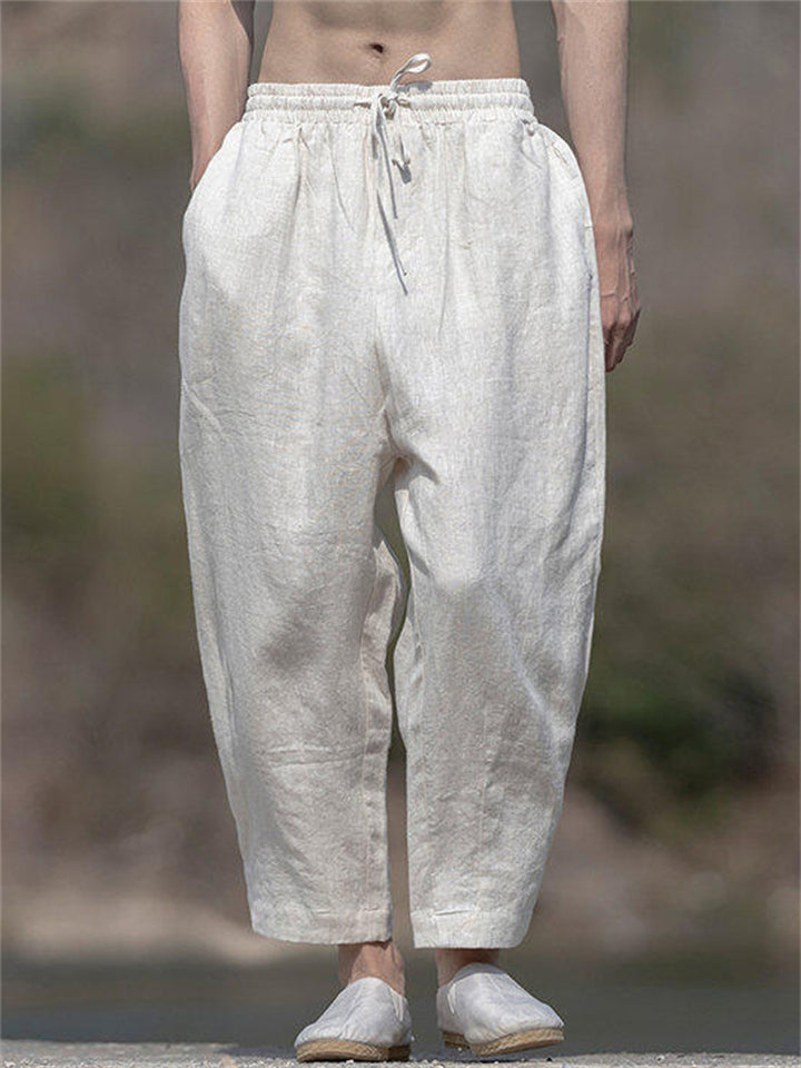 Men's Solid Color Linen Wide Leg Drawstring Cropped Pants