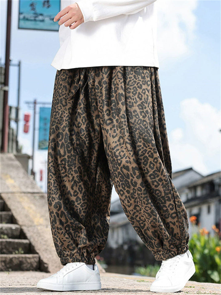 Brown Leopard Print Loose Fit Wide Leg Bloomers Pants for Men