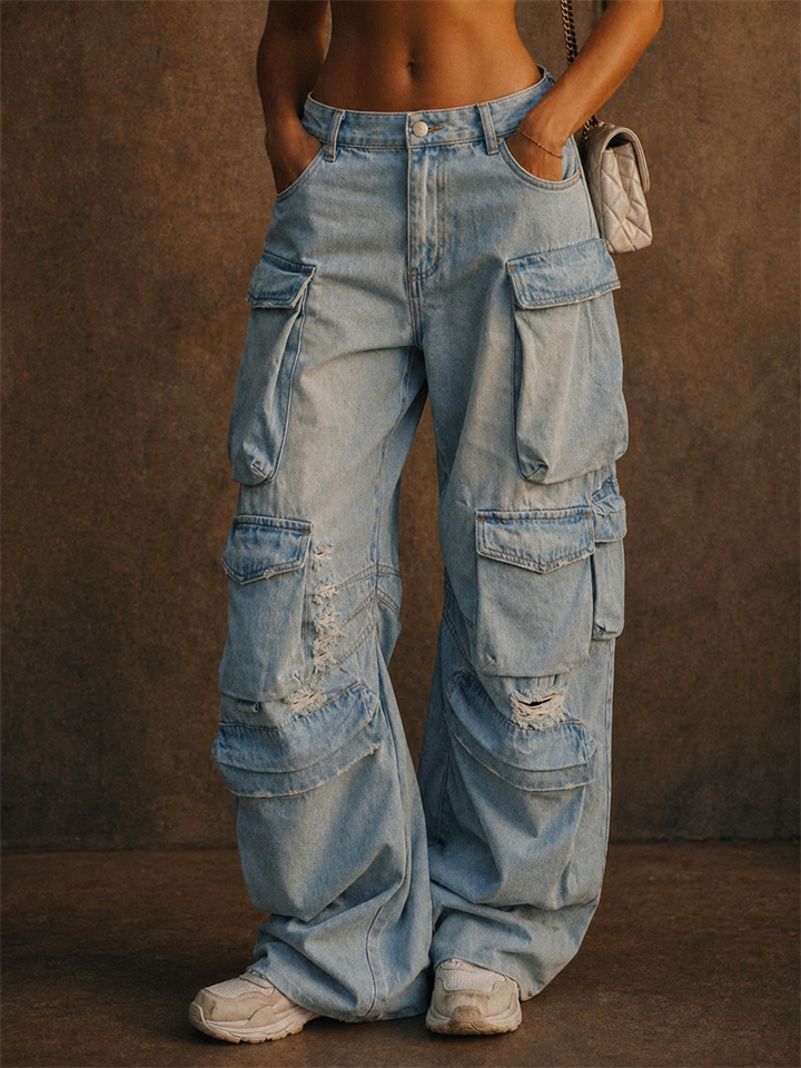 Women's Baggy Cargo Ripped Jeans Wide Leg Y2K Denim Pants
