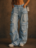 Women's Baggy Cargo Ripped Jeans Wide Leg Y2K Denim Pants