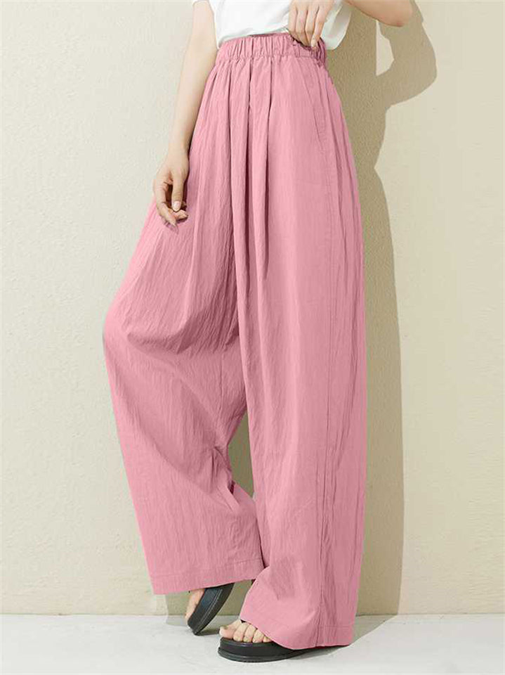 Casual Solid Color Elastic Waist Wide Leg Pants for Women