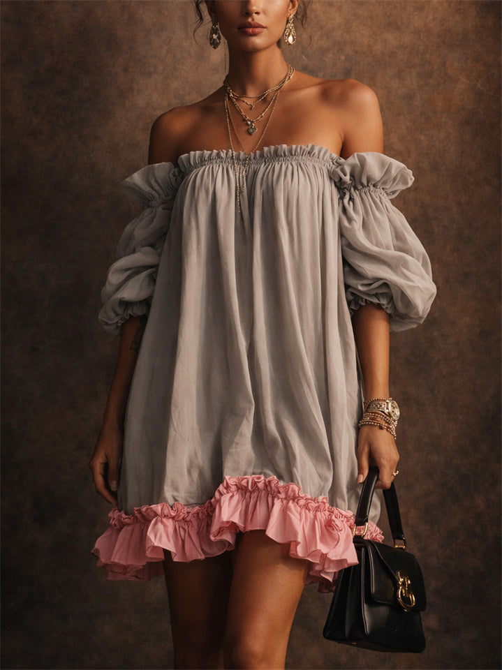 Women Off Shoulder Chiffon Puff Sleeve Ruffle Pink Hem Mini Dress