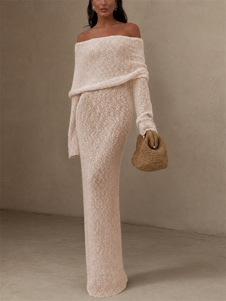 Women's Off Shoulder Long Sleeve Textured Knit Beach Maxi Dress