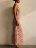 Women Pink Floral Backless Asymmetric Slim Summer Maxi Dress