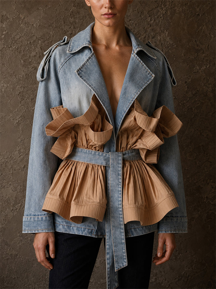 Women Pleated Ruffle Peplum Denim Jean Jacket Belted Coat