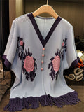 Women's Dragon Scale Knitting Floral Print Breathable V Neck Shirt with Fringe