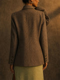 Women Coffee Single Button 3D Rosette Flower Tweed Blazer
