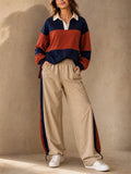 Women Colorblock Rugby Shirt Cinch Cargo Pants 2 Piece Set