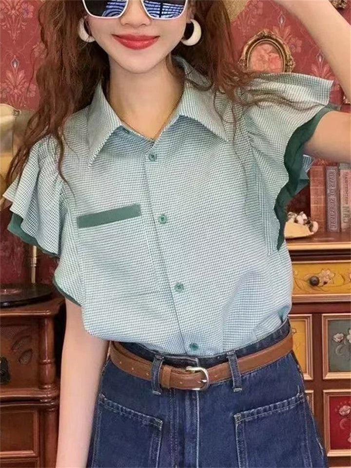 Female's Elegant Retro Plaid Patchwork Lotus Leaf Short-sleeved Shirts