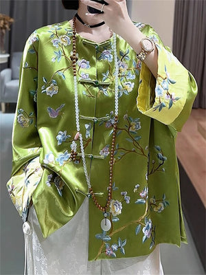 Ladies Elegant Round Neck Knot Button Floral Embroidery Jacket