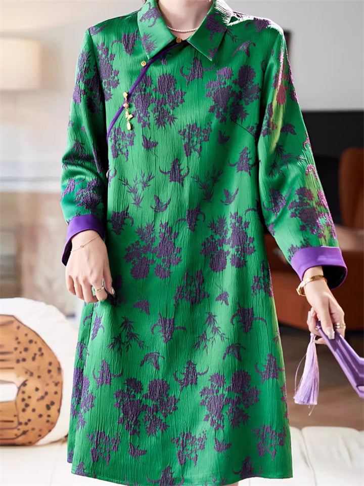 Chinese Style Green Jacquard Lapel Long Sleeve Dress for Women