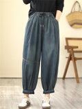 Lady Plain Dark Blue Oversized Drawstring Jeans