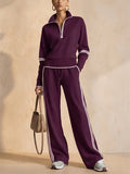 Women Stylish Contrast Trim Half Zip Top Wide Leg Pants Two Piece Tracksuit
