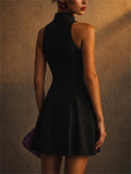 Women Black Gold Zip Sleeveless Mock Neck Pleated Mini Dress