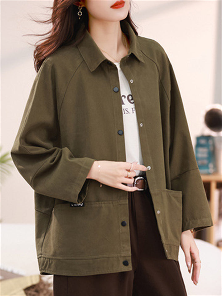 Retro Casual Solid Color Long Sleeve Pockets Jacket for Women