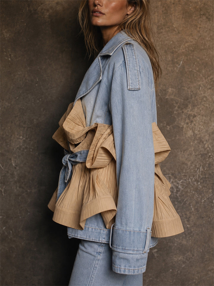 Women Pleated Ruffle Peplum Denim Jean Jacket Belted Coat