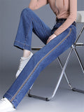Women's High Waist Stripped Regular Fit Straight Leg Stretchy Jeans
