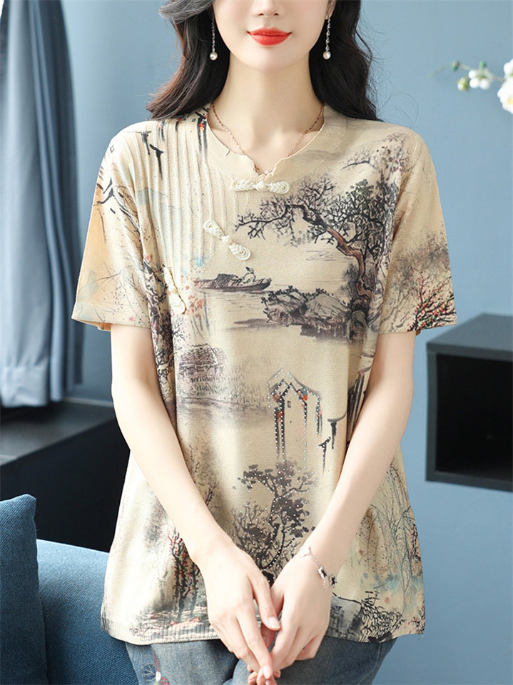 Women's Loose Print Short Sleeve Slant Placket Knit Shirts