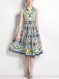 Women's Elegant Lapel Print Tie-waist Midi Dress