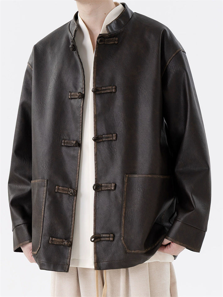 Men's Chinese Style Faux Leather Loose Fit Mandarin Collar Jackets