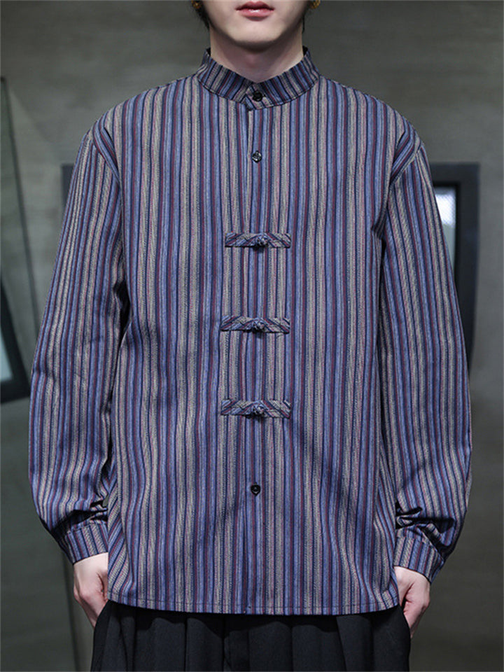 Chinese Style Men's Contrast Color Stripe Long Sleeve Shirts