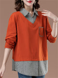 Women's Loose Cotton Contrast Color Patchwork Long Sleeve Shirts