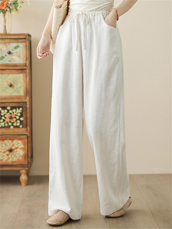 Women's White Solid Color Drawstring Drape Wide Leg Pants