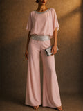 Women 2 Piece Causal Sequin BatWing Sleeve Top and Wide Leg Pants Set