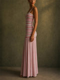 Women Pink White Striped Spaghetti Strap Bodycon Maxi Dress