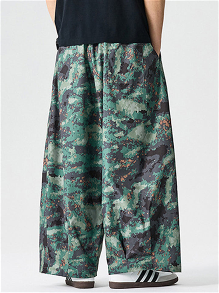 Unisex Vintage Camouflage Printed Drawstring Wide Leg Pants