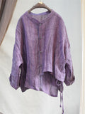 Retro Loose Linen Stand Collar Asymmetric Textured Shirt for Women