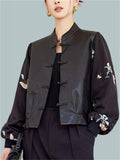 Women's Black PU Leather Patchwork Stand Collar Jackets
