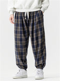Men's Japanese Style Retro Loose Fit Elastic Waist Checkered Joggers Pants