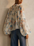 Women Bohemian Floral Tie Front Lantern Sleeve V Neck Blouse