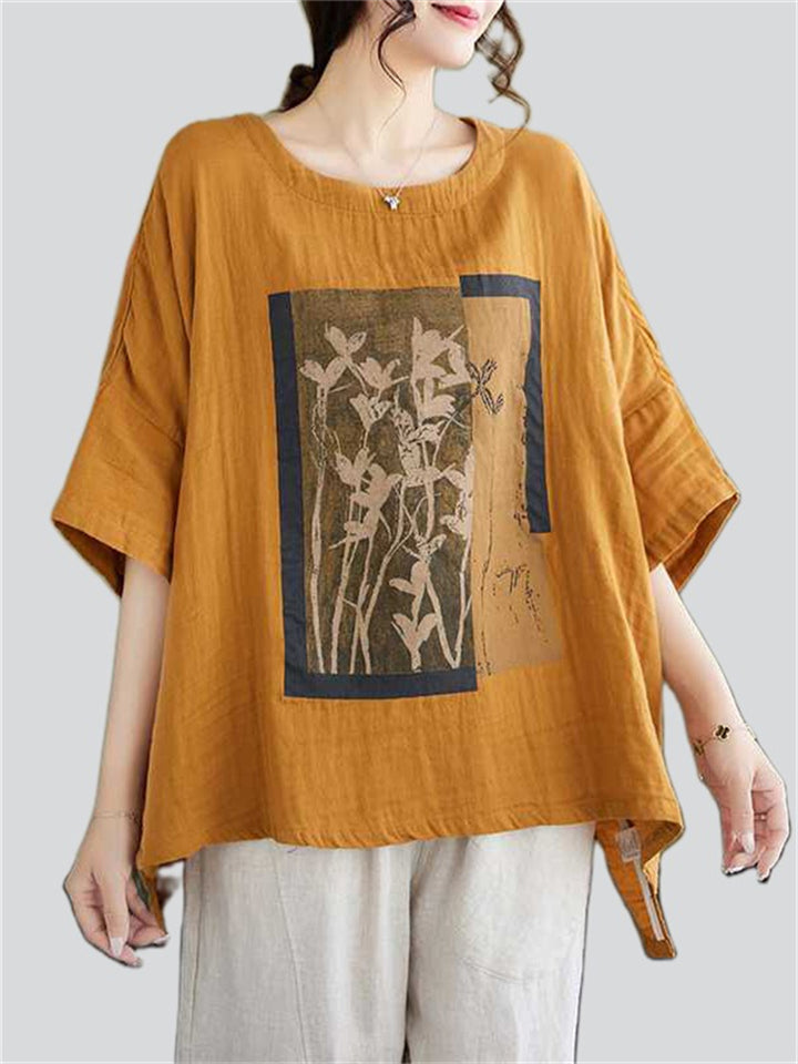 Women's Relaxed Fit Flower Print Round Neck Shirt