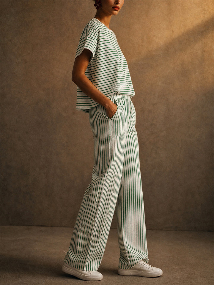 Womens Striped 2 Piece Matching Short Sleeve Wide Leg Pants Set