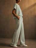 Womens Striped 2 Piece Matching Short Sleeve Wide Leg Pants Set