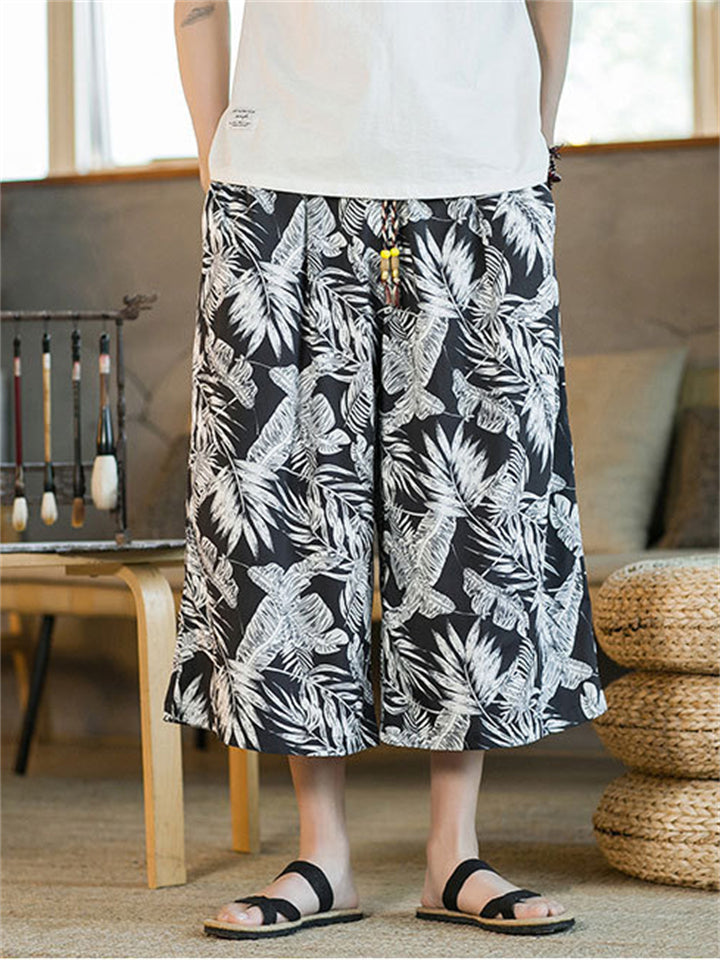 Men's Casual Plants Print Drawstring Beach Capri Pants