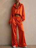Women 2pcs Trendy Shiny Zip Up Top Wide Leg Pants Tracksuit Set