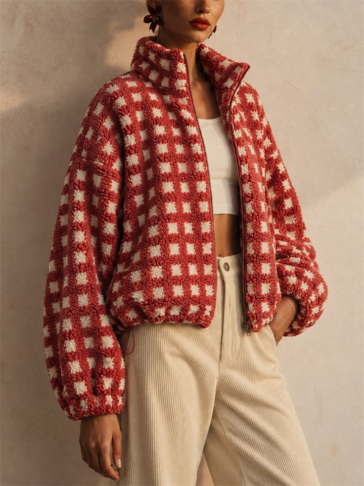 Women Casual Checkered Fleece Zip Up Oversized Teddy Jacket