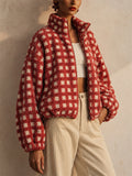 Women Casual Checkered Fleece Zip Up Oversized Teddy Jacket