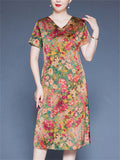 Summer Casual V-neck Floral Print Short Sleeve Dress for Women