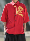 Men's Summer Chinese Style Loose Fit Dragon Embroidered Shirts