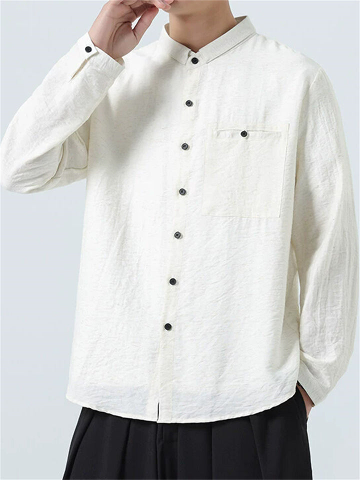 Chinese Style Linen Shirt Button Pocket Man Loose Men’s Top