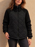 Women Quilted Knit Sleeve Jacket Zip Up Stand Collar Winter Coat