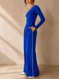 Women 2 Piece One Shoulder Top and Side Stripe Wide Leg Pants Set